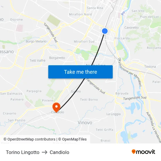 Turin Lingotto to Candiolo map