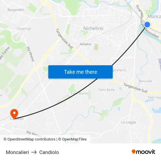 Moncalieri to Candiolo map