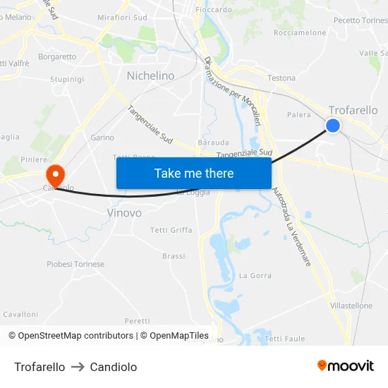 Trofarello to Candiolo map