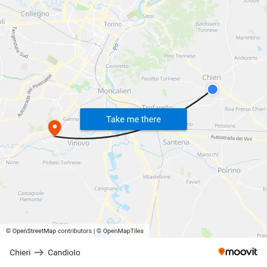 Chieri to Candiolo map