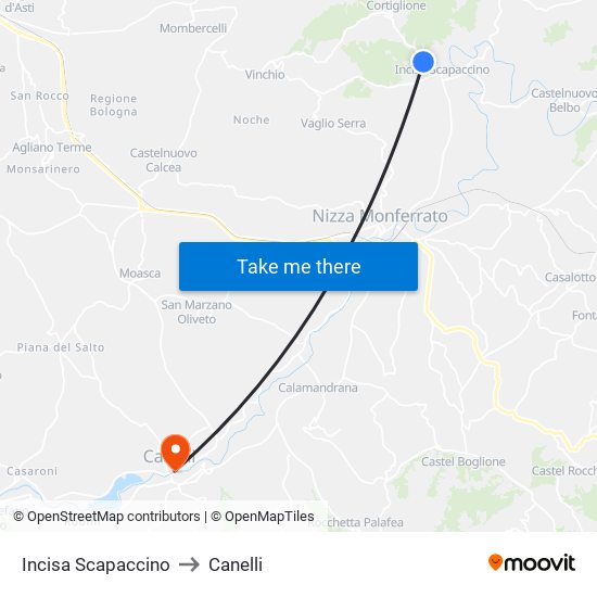 Incisa Scapaccino to Canelli map
