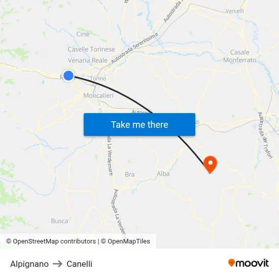 Alpignano to Canelli map