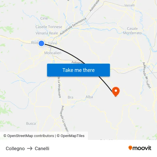 Collegno to Canelli map