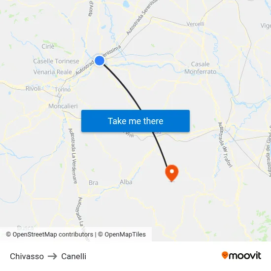 Chivasso to Canelli map