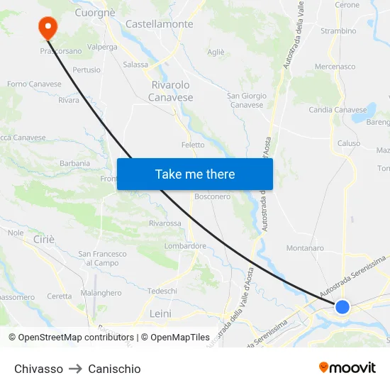 Chivasso to Canischio map