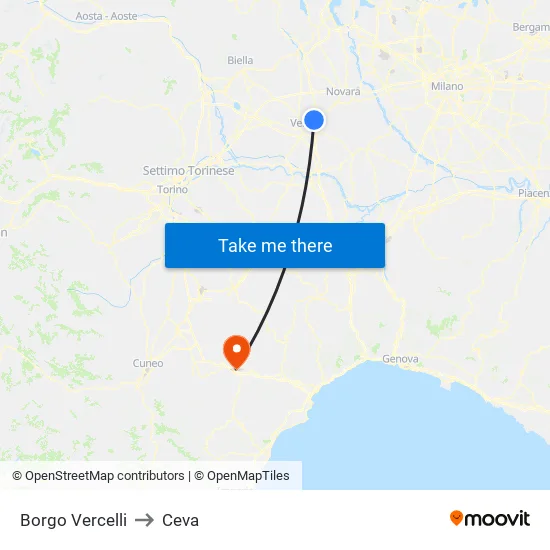 Borgo Vercelli to Ceva map