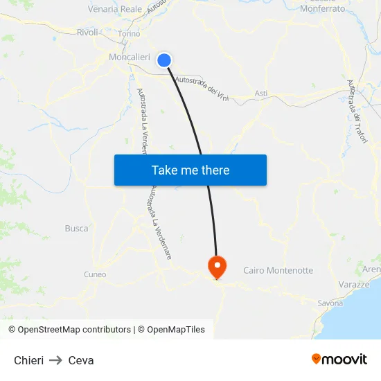 Chieri to Ceva map