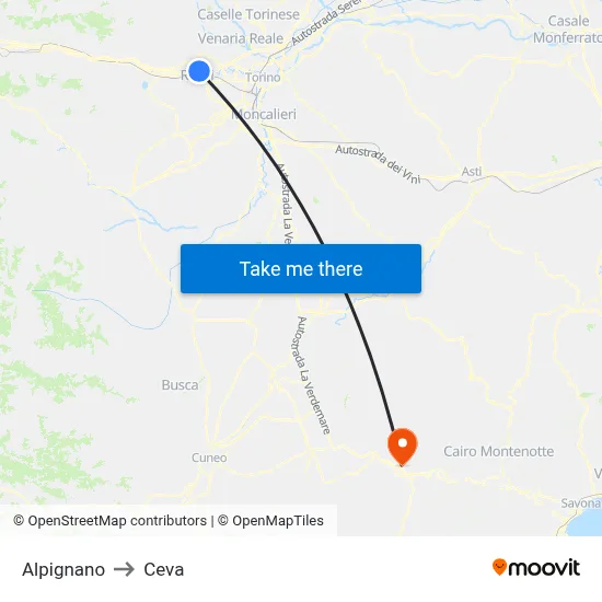 Alpignano to Ceva map