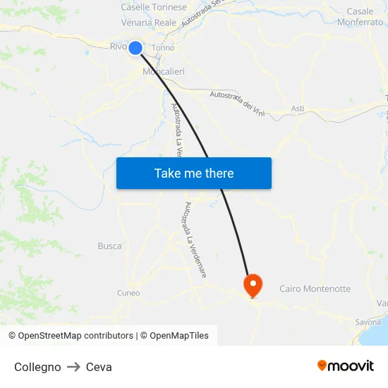 Collegno to Ceva map