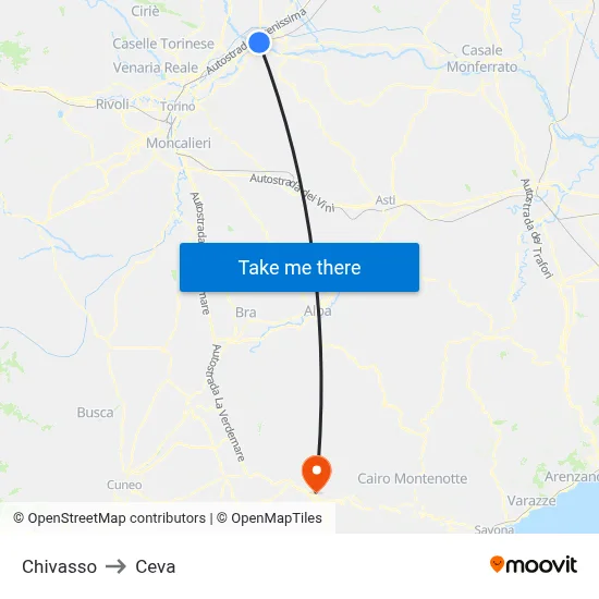 Chivasso to Ceva map