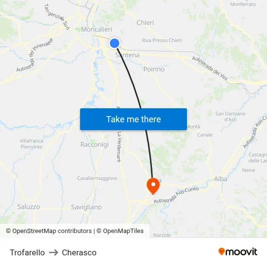 Trofarello to Cherasco map
