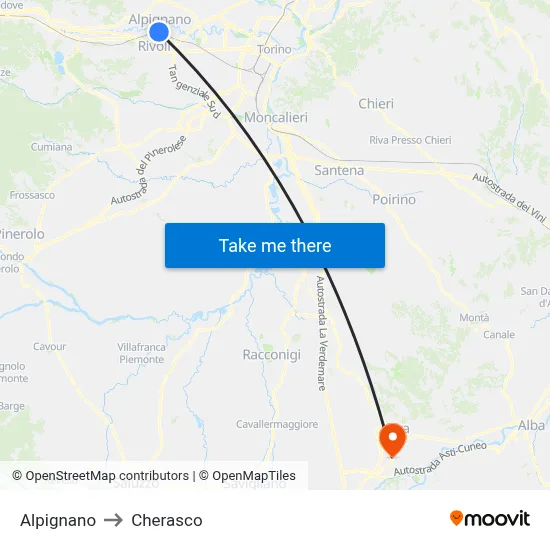 Alpignano to Cherasco map