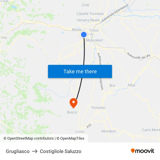 Grugliasco to Costigliole Saluzzo map