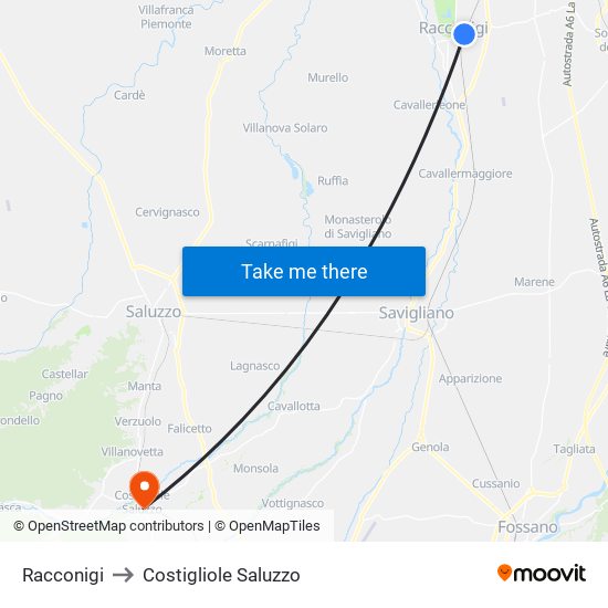 Racconigi to Costigliole Saluzzo map