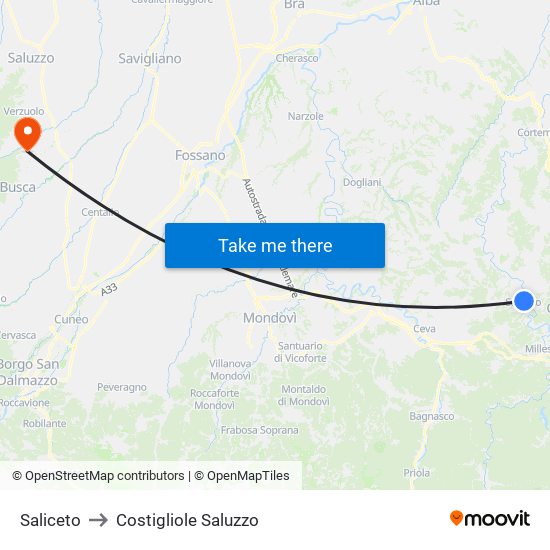 Saliceto to Costigliole Saluzzo map