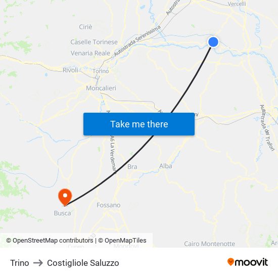 Trino to Costigliole Saluzzo map