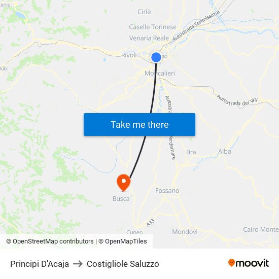 Principi D'Acaja to Costigliole Saluzzo map