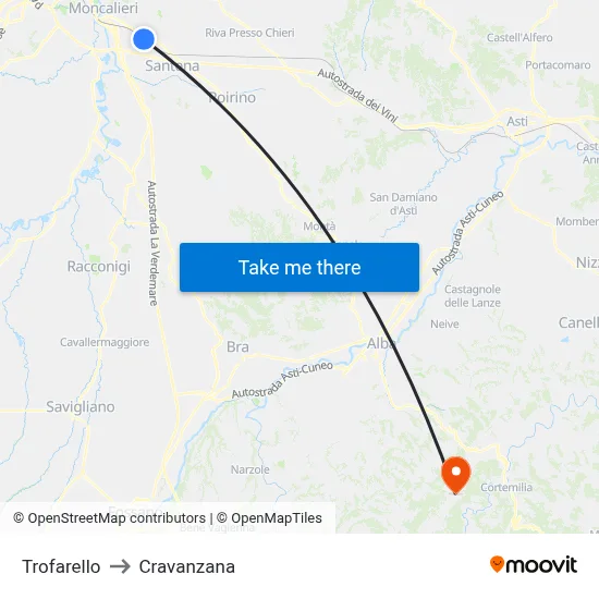 Trofarello to Cravanzana map