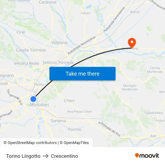 Turin Lingotto to Crescentino map