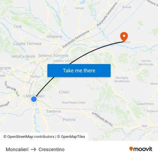 Moncalieri to Crescentino map