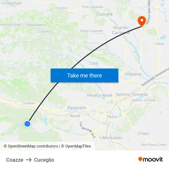 Coazze to Cuceglio map