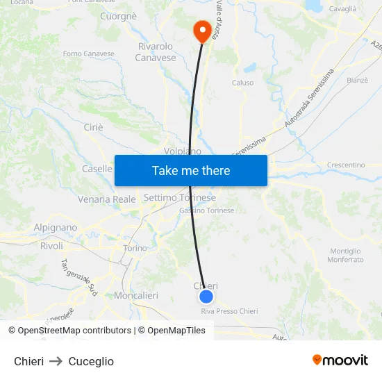 Chieri to Cuceglio map