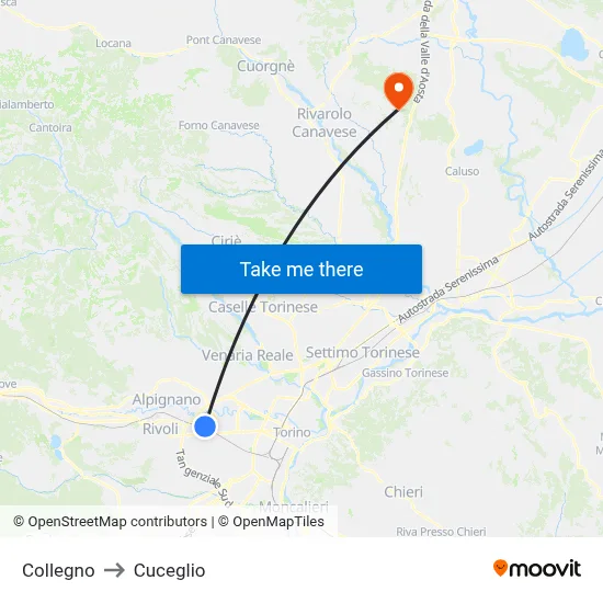 Collegno to Cuceglio map