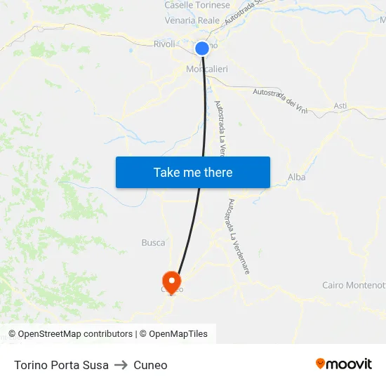 Turin Porta Susa to Cuneo map