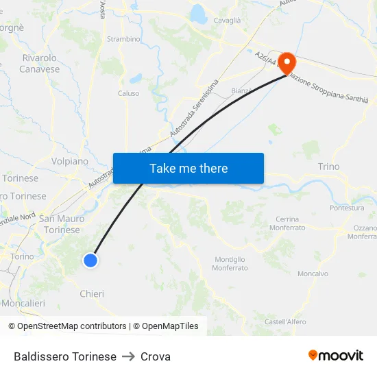 Baldissero Torinese to Crova map