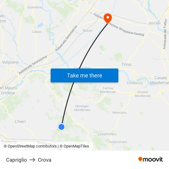 Capriglio to Crova map