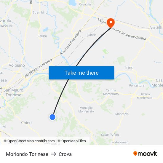 Moriondo Torinese to Crova map