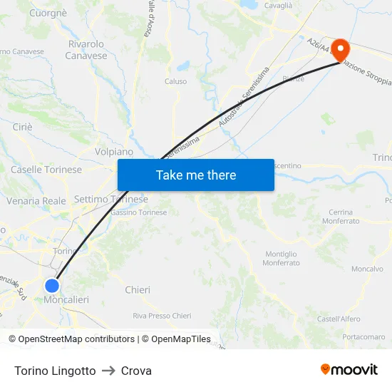 Turin Lingotto to Crova map