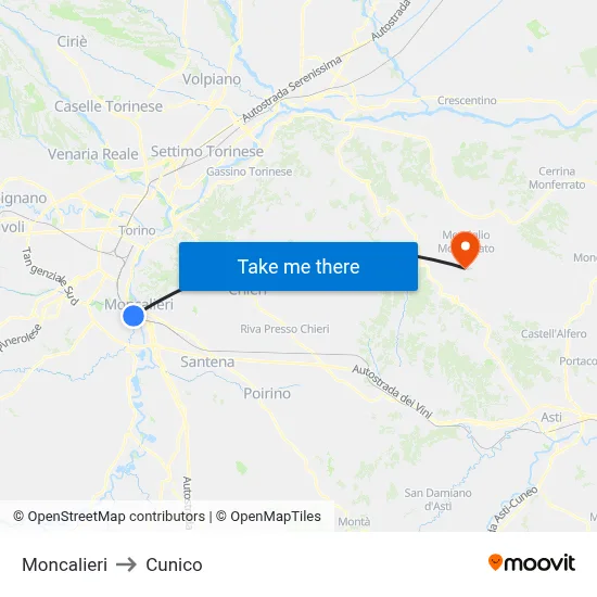 Moncalieri to Cunico map