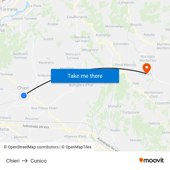 Chieri to Cunico map