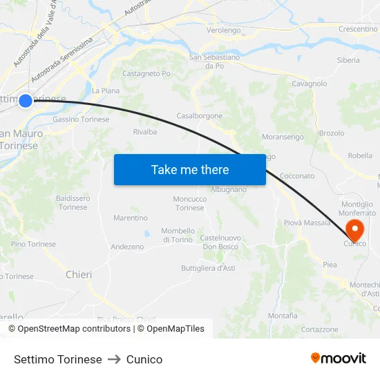 Settimo Torinese to Cunico map