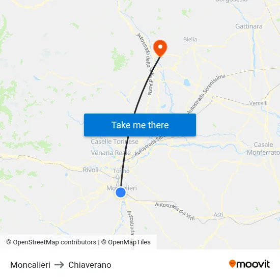 Moncalieri to Chiaverano map