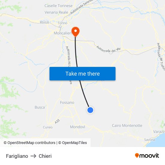 Farigliano to Chieri map