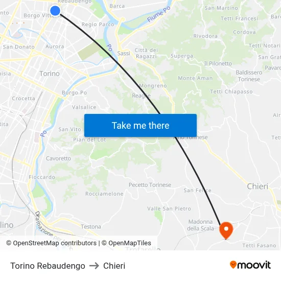 Turin Rebaudengo to Chieri map