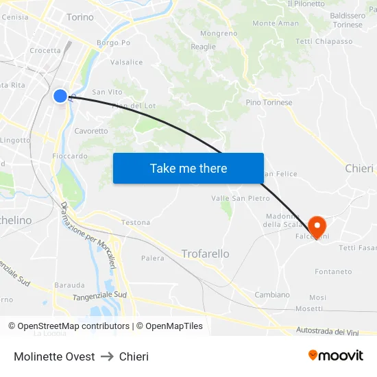 Molinette Ovest to Chieri map