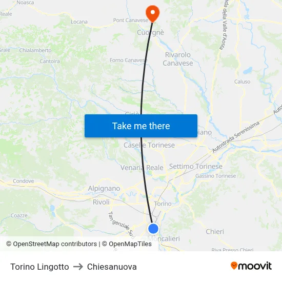Turin Lingotto to Chiesanuova map