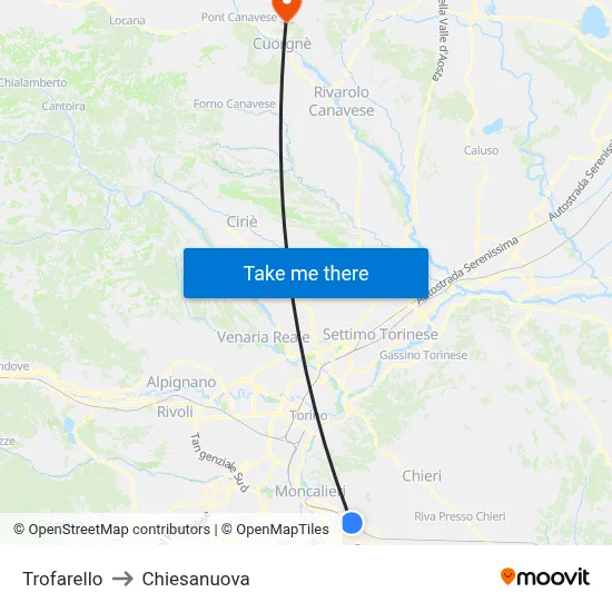 Trofarello to Chiesanuova map