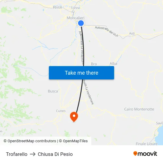 Trofarello to Chiusa Di Pesio map