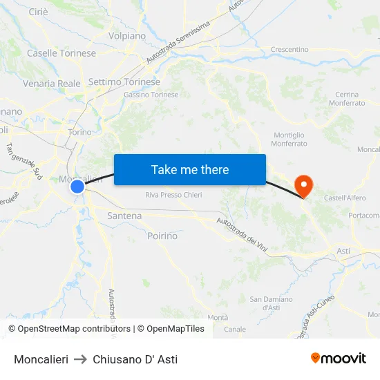 Moncalieri to Chiusano D' Asti map