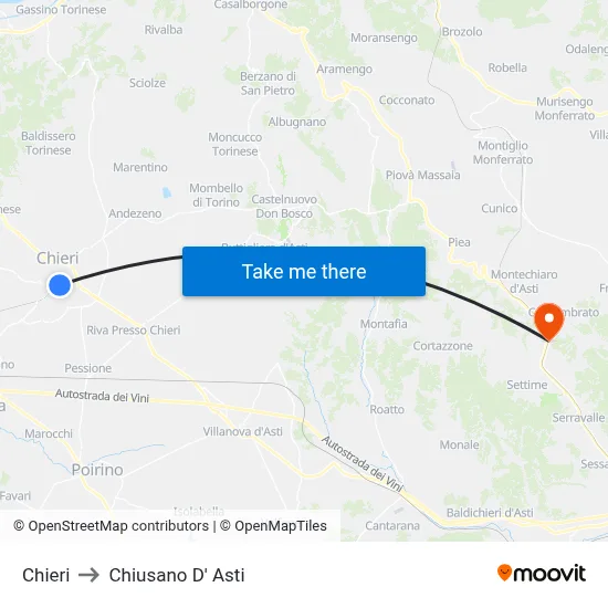 Chieri to Chiusano D' Asti map
