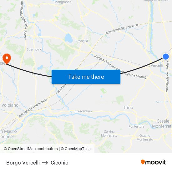 Borgo Vercelli to Ciconio map