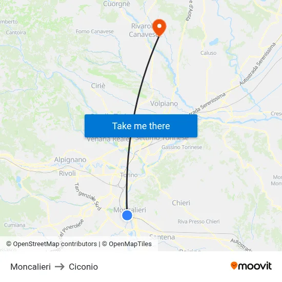 Moncalieri to Ciconio map