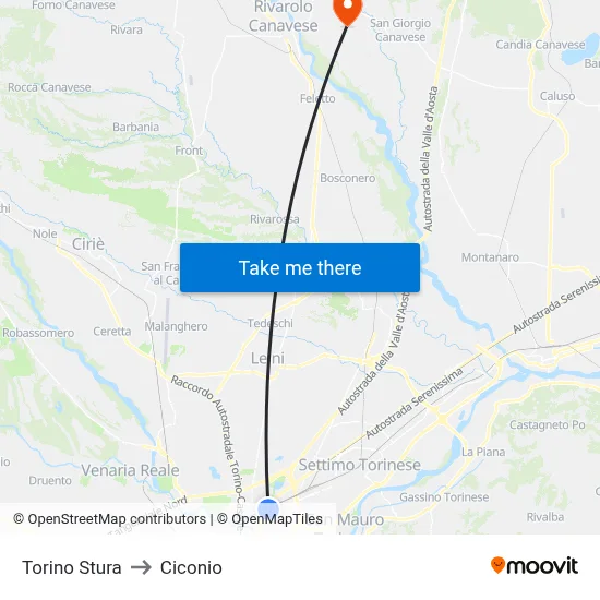 Turin Stura to Ciconio map