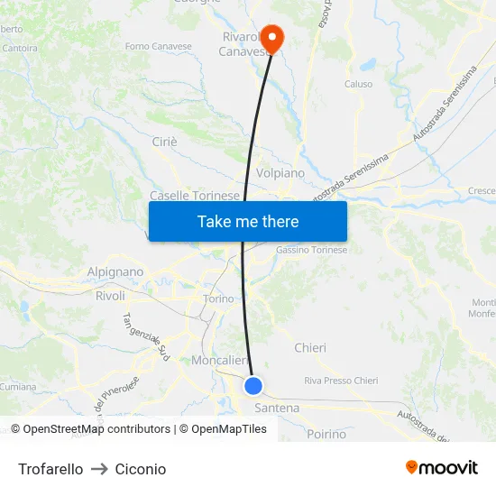 Trofarello to Ciconio map
