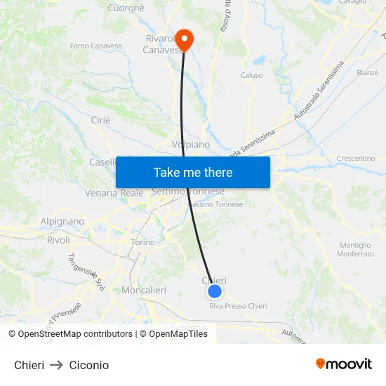 Chieri to Ciconio map