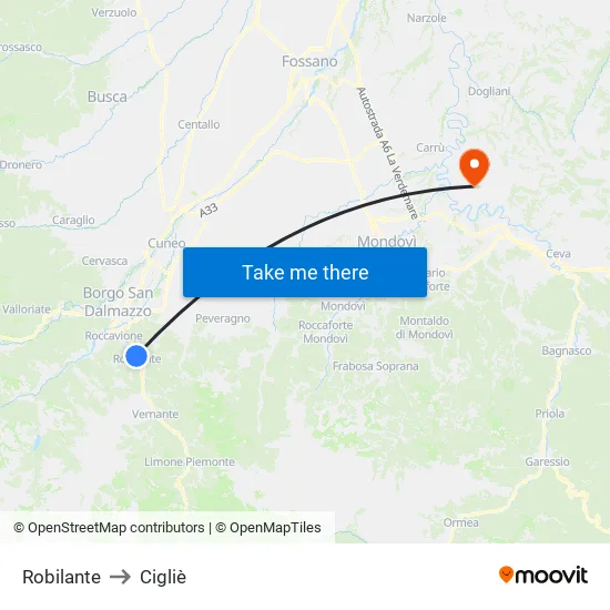 Robilante to Cigliè map